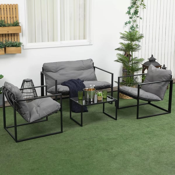 Altanmøbler med sædehynder, haveloungesæt, dobbeltsofa, 2 lænestole, sofabord, grå+sort