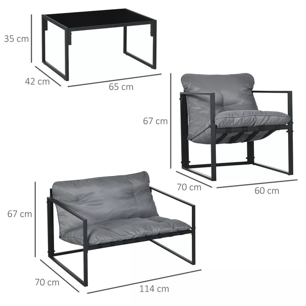 Altanmøbler med sædehynder, haveloungesæt, dobbeltsofa, 2 lænestole, sofabord, grå+sort
