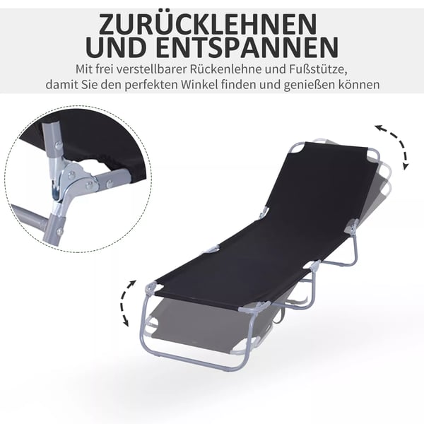 Outsunny solstol, campingstol, sammenklappelig liggestol med justerbart ryglæn, havestol, kan bære op til 120 kg, Oxford-stof, sort