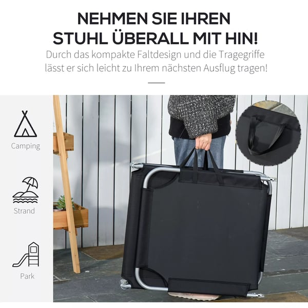 Outsunny solstol, campingstol, sammenklappelig liggestol med justerbart ryglæn, havestol, kan bære op til 120 kg, Oxford-stof, sort