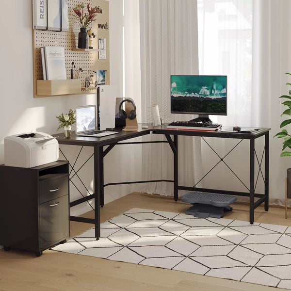 HOMCOM L-formet hjørneskrivebord i sort metal og træfiberplade, 150x150x76cm