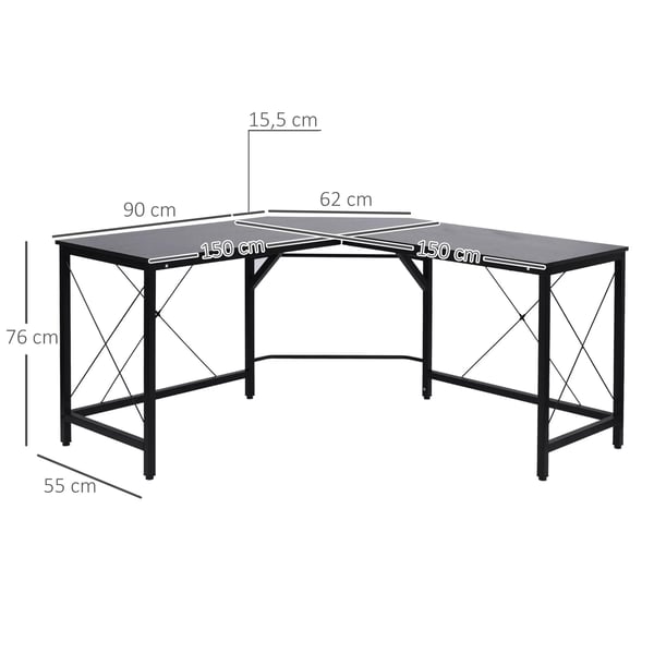HOMCOM L-formet hjørneskrivebord i sort metal og træfiberplade, 150x150x76cm