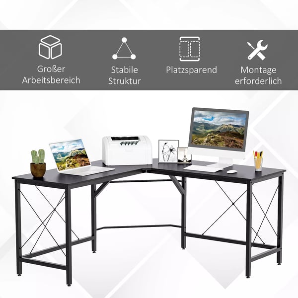 HOMCOM L-formet hjørneskrivebord i sort metal og træfiberplade, 150x150x76cm
