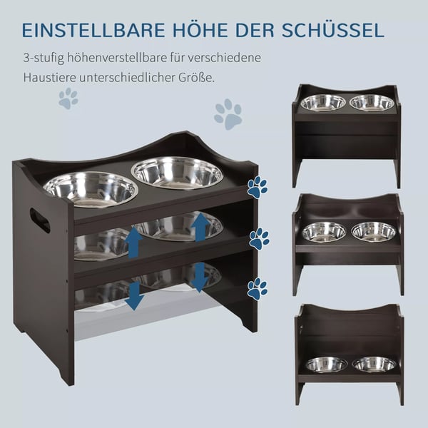 PawHut Justerbar Hundeskål Foderstation i Rustfri Stål, MDF - Brun/Beige, 54x31.5x47cm