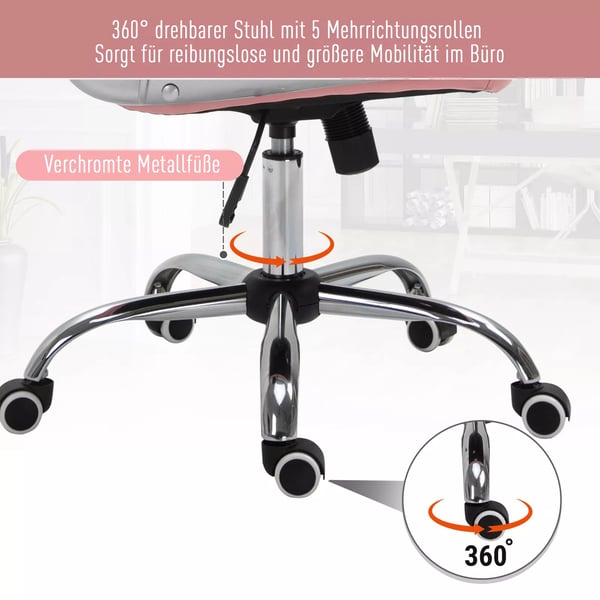 Ergonomisk Kontorsstol - Rosa Konstläder - Justerbar Höjd och Komfortskum, 59,5 x 60,5 x 95-105 cm