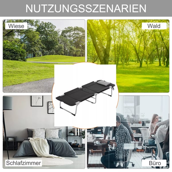 Outsunny Foldbar Camping Seng - Bærbar Felt seng til udendørs brug, sort+sølv, 183x66x33cm