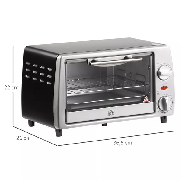 elektrisk ovn 10L med justerbar temperatur og timer, grill og pande medfølger, 750W, 36,5x26x22cm, sølvsort