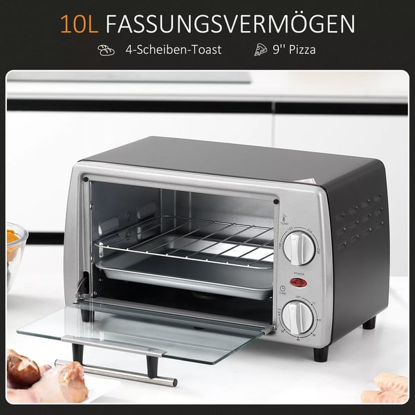 elektrisk ovn 10L med justerbar temperatur og timer, grill og pande medfølger, 750W, 36,5x26x22cm, sølvsort