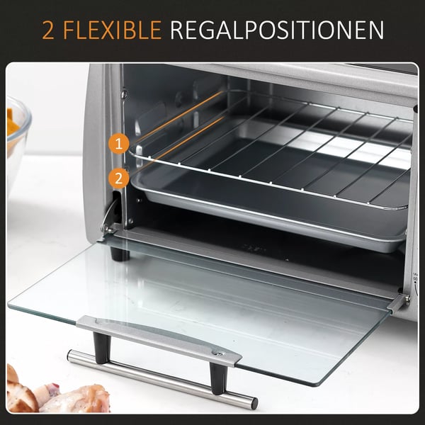 elektrisk ovn 10L med justerbar temperatur og timer, grill og pande medfølger, 750W, 36,5x26x22cm, sølvsort