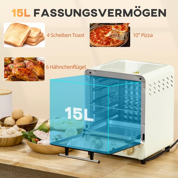 HOMCOM Mini-uuni 15L, konvektio, 1000W, sähköinen, kermanvalkoinen