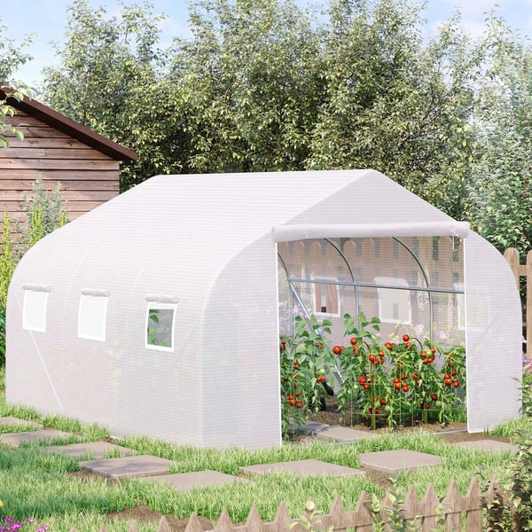 Outsunny foliedrivhus 3,5x3x3m, UV-beskyttelse, tomatdrivhus, netvinduer, vindtæt, til have og altan, metal, hvid