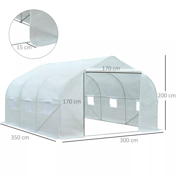 Outsunny foliedrivhus 3,5x3x3m, UV-beskyttelse, tomatdrivhus, netvinduer, vindtæt, til have og altan, metal, hvid