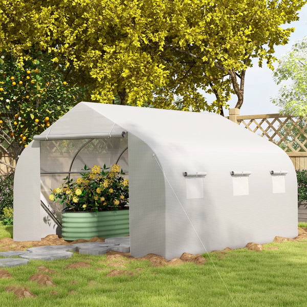 Outsunny foliedrivhus 3,5x3x3m, UV-beskyttelse, tomatdrivhus, netvinduer, vindtæt, til have og altan, metal, hvid