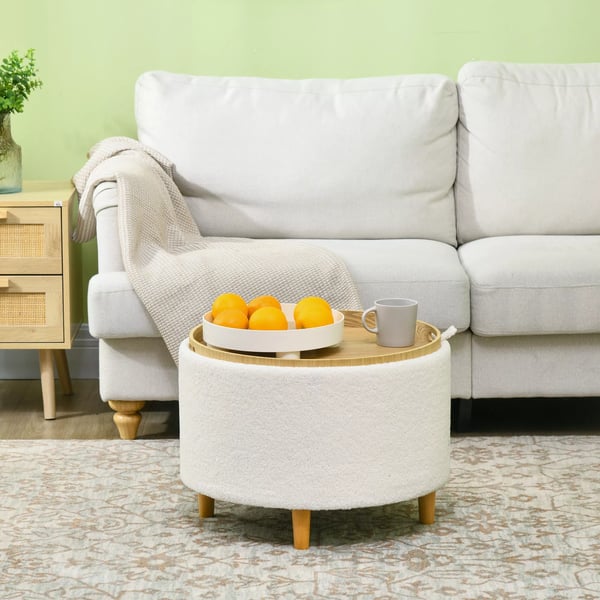 HOMCOM Siddestol Ottoman med Opbevaring, Hvid Polyester, Træben, Rund Skammel med Flip-top Låg til Stue, Ø56 x 42 cm