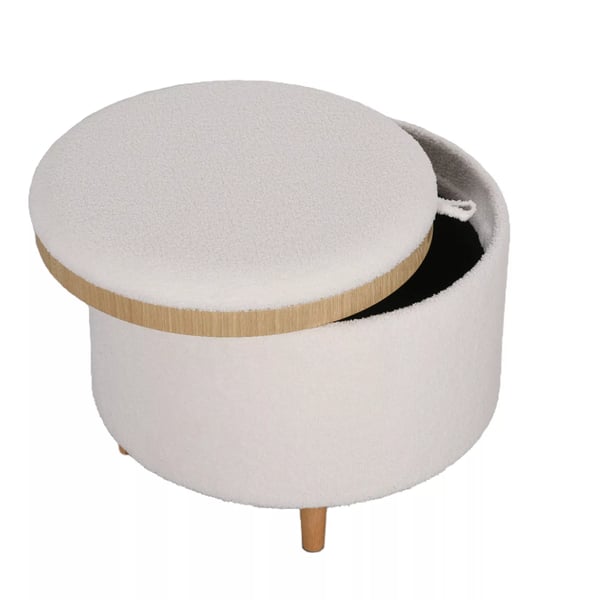 HOMCOM Siddestol Ottoman med Opbevaring, Hvid Polyester, Træben, Rund Skammel med Flip-top Låg til Stue, Ø56 x 42 cm