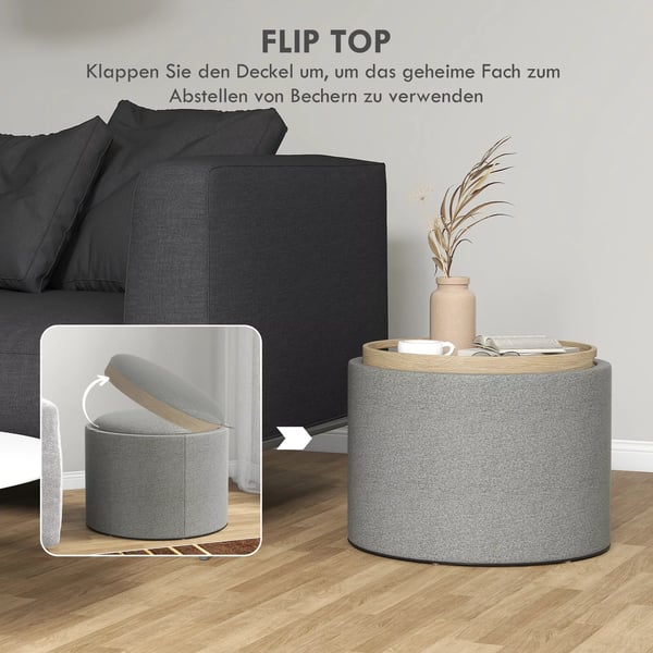 HOMCOM Ottoman Rund Polstret Hoker med Opbevaring - Grå Polyester, Ø56 x 42 cm