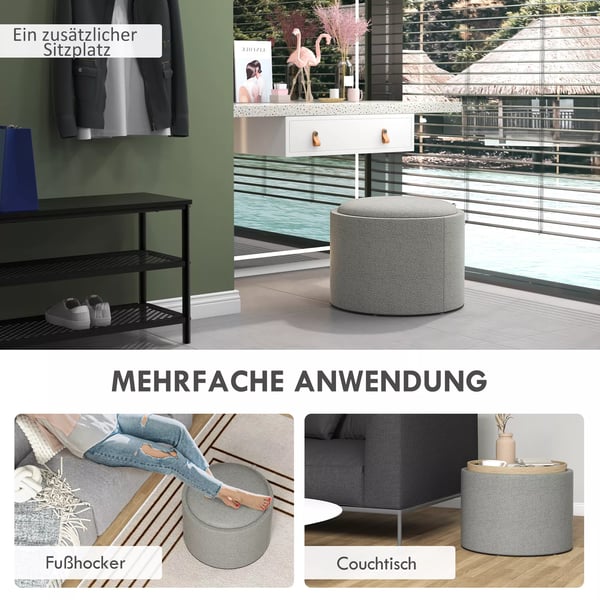 HOMCOM Ottoman Rund Polstret Hoker med Opbevaring - Grå Polyester, Ø56 x 42 cm