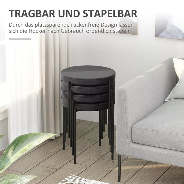 HOMCOM spisebordsstol-sæt med 4 stk., stabelbare barstole med polstret sæde, fløjlsbetræk, sort, 41,5x41,5x46 cm