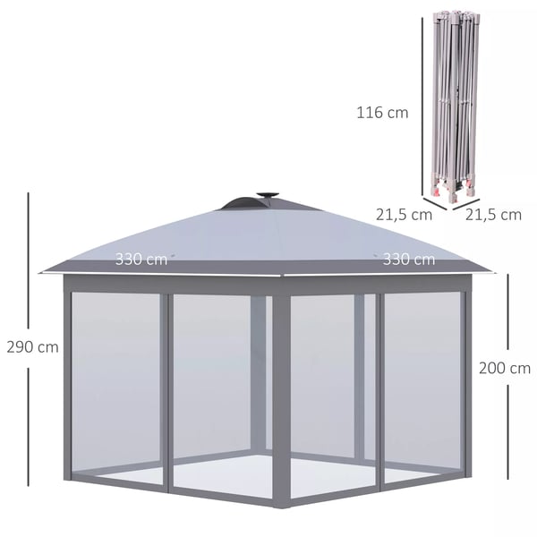 Outsunny Pavillon 3,3x3,3m foldepavillon LED USB Pop-Up mesh-sidevægge solbeskyttelse taske Oxford grå
