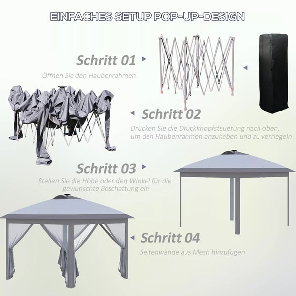 Outsunny Pavillon 3,3x3,3m foldepavillon LED USB Pop-Up mesh-sidevægge solbeskyttelse taske Oxford grå