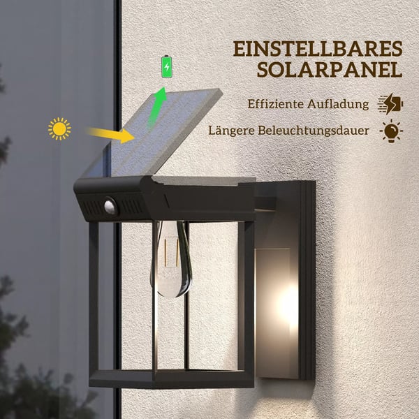 Outsunny Solcellelampe Væglampe Udendørs ABS Sort Justerbar Bevægelsessensor IP44 Varmhvid Lys 160lm