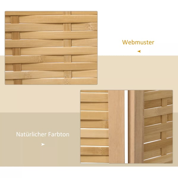 HOMCOM 4-delt Rumdeler i Bambus, 160x170 cm - Foldbar Privatlivsskærm i Naturlig Farve til Stue og Soveværelse