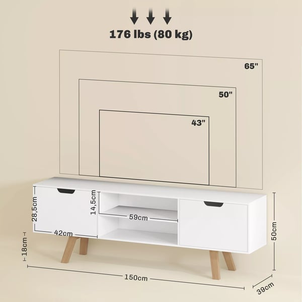 HOMCOM TV-skab til stuen, TV-bord til fjernsyn op til 65", med 2 skabe og 2 hylder, hvid, 150 x 39 x 50 cm