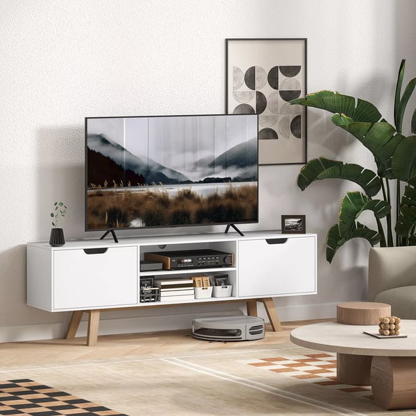 HOMCOM TV-skab til stuen, TV-bord til fjernsyn op til 65", med 2 skabe og 2 hylder, hvid, 150 x 39 x 50 cm