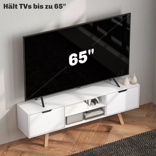 HOMCOM TV-skab til stuen, TV-bord til fjernsyn op til 65", med 2 skabe og 2 hylder, hvid, 150 x 39 x 50 cm