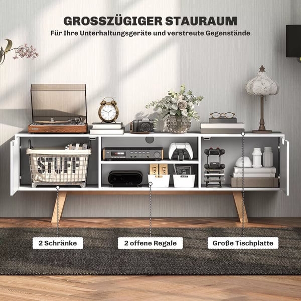 HOMCOM TV-skab til stuen, TV-bord til fjernsyn op til 65", med 2 skabe og 2 hylder, hvid, 150 x 39 x 50 cm