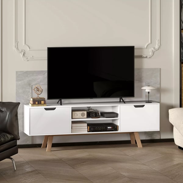 HOMCOM TV-skab til stuen, TV-bord til fjernsyn op til 65", med 2 skabe og 2 hylder, hvid, 150 x 39 x 50 cm