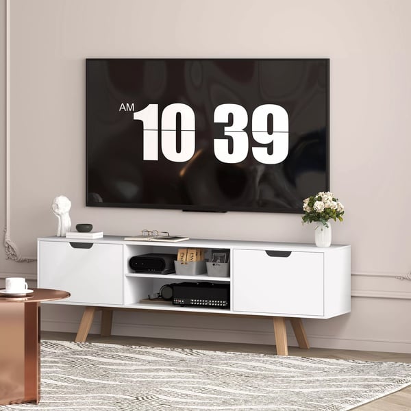 HOMCOM TV-skab til stuen, TV-bord til fjernsyn op til 65", med 2 skabe og 2 hylder, hvid, 150 x 39 x 50 cm