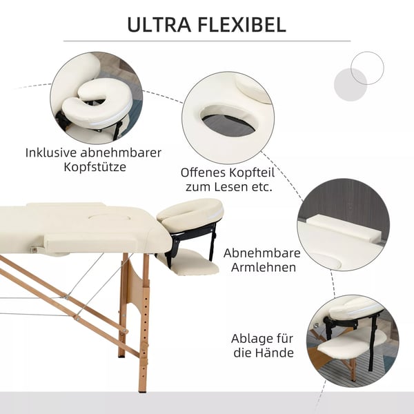 HOMCOM Massagebriks - Sammenklappelig, Hjdejusterbar, Creme Kunstlder med nakkesttte til Spa/Salon