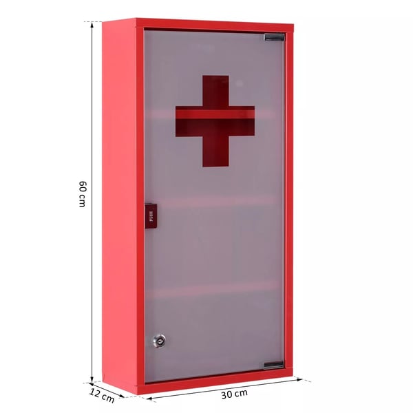 HOMCOM Ensiapukaappi Lääkekaappi Punainen Teräs Turvalasi Lukittava 30x12x60cm