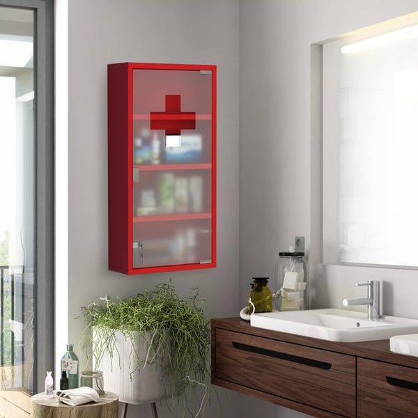 HOMCOM Ensiapukaappi Lääkekaappi Punainen Teräs Turvalasi Lukittava 30x12x60cm