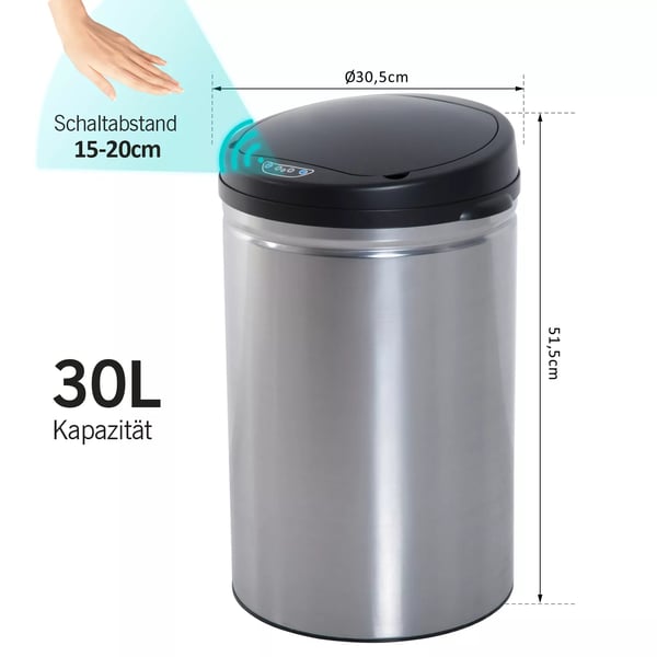 HOMCOM Automatisk sensor-skraldespand, affaldsspand med IR-sensor, rund, 30L, valgfri inderspand, rustfrit stål