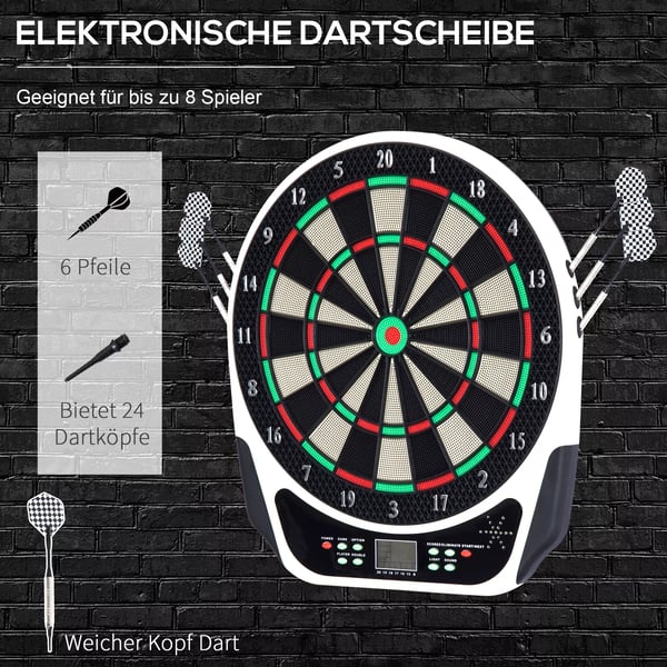 Elektronisk Dartskive Dart-sæt med LCD-display, 6 pile, 24 dartspidser, 18 spil og 159 træffer-muligheder til 8 spillere, flerfarvet