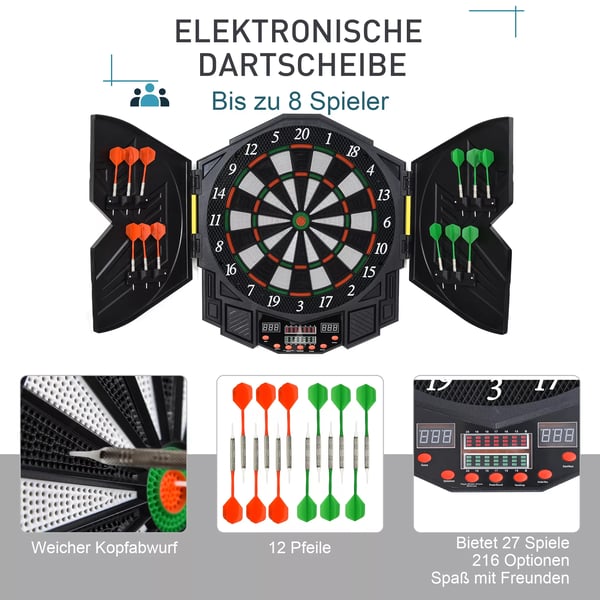 HOMCOM Elektronisk dartskive med døre, inkl. 4 LED-displays, 216 spil, 12 pile, til op til 8 spillere, ABS + PP, 49 x 54,6 x 5,5 cm