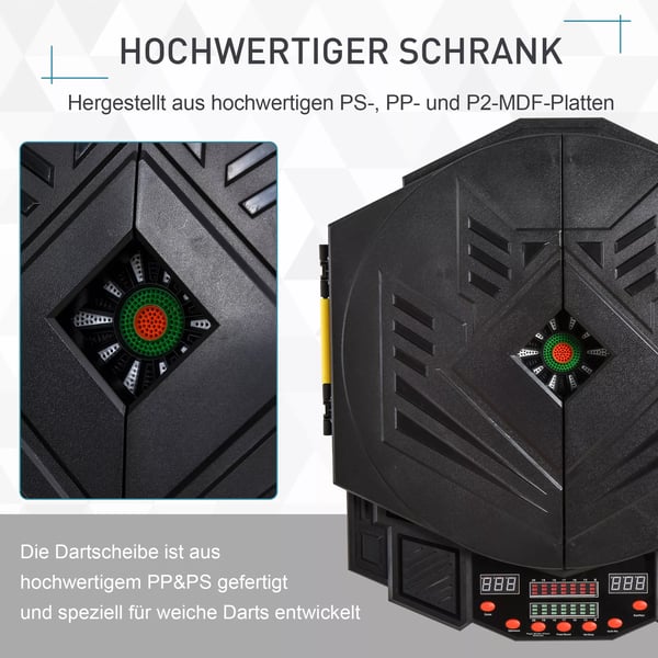 HOMCOM Elektronisk dartskive med døre, inkl. 4 LED-displays, 216 spil, 12 pile, til op til 8 spillere, ABS + PP, 49 x 54,6 x 5,5 cm