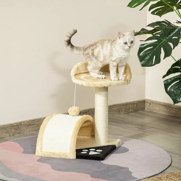 PawHut kissan raapimispuu leikkipallolla, beige, polyesteri, 35.5x37x46cm