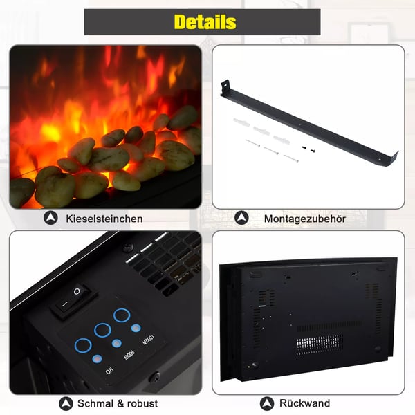 sähkötakka takka takka liesi sähköinen 2 tehotasoa säädettävissä 900/1800 W LED 65 x 11,4 x 52 cm ruostumaton teräs musta