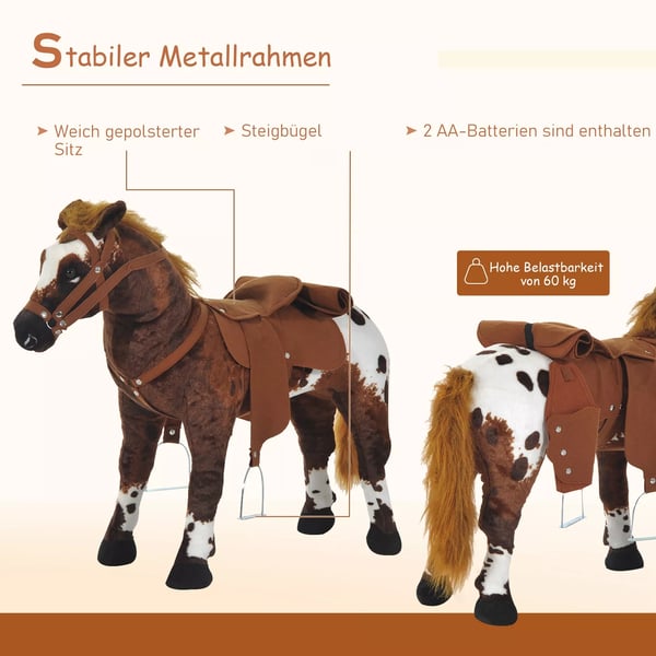 HOMCOM Ridehest legetøjshest til børn med lyd stående plysdyr metal brun+hvid 85x28x60cm
