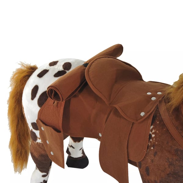 HOMCOM Ridehest legetøjshest til børn med lyd stående plysdyr metal brun+hvid 85x28x60cm