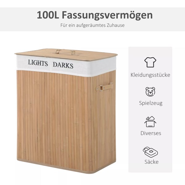 HOMCOM L-koinen Bambu Pyykkikori kannella ja 100L kangaspussilla – Luonnonvärinen
