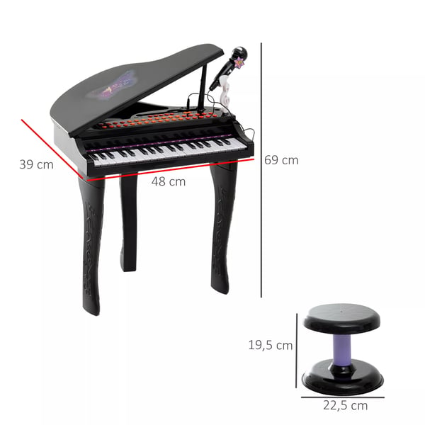 HOMCOM Børne Klaver med Skammel og Mikrofon - 37 tangenter, Sort ABS, Musiklegetøj til Børn fra 3-6 år, med Demoer, USB, Karaoke