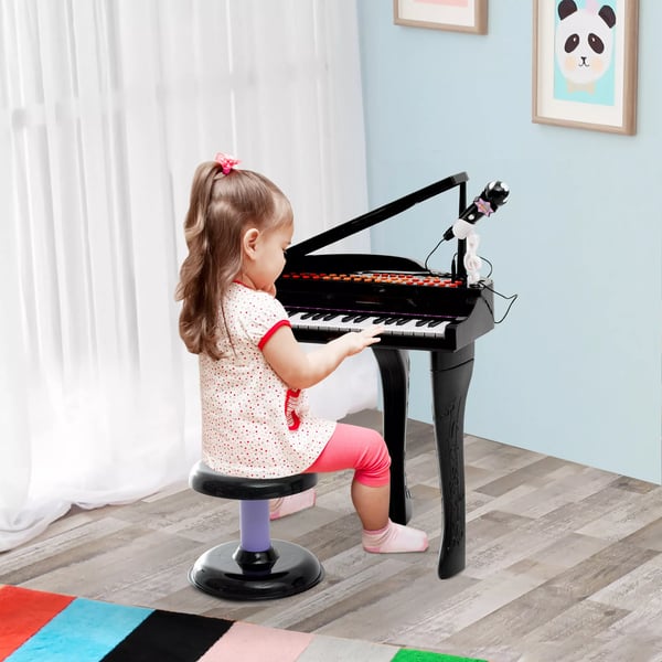 HOMCOM Børne Klaver med Skammel og Mikrofon - 37 tangenter, Sort ABS, Musiklegetøj til Børn fra 3-6 år, med Demoer, USB, Karaoke