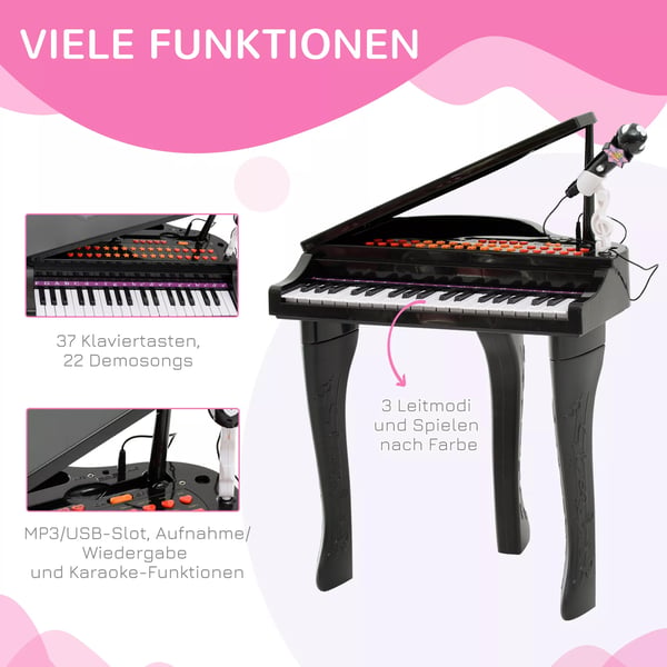 HOMCOM Børne Klaver med Skammel og Mikrofon - 37 tangenter, Sort ABS, Musiklegetøj til Børn fra 3-6 år, med Demoer, USB, Karaoke
