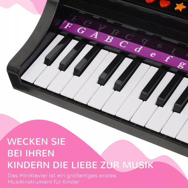 HOMCOM Børne Klaver med Skammel og Mikrofon - 37 tangenter, Sort ABS, Musiklegetøj til Børn fra 3-6 år, med Demoer, USB, Karaoke