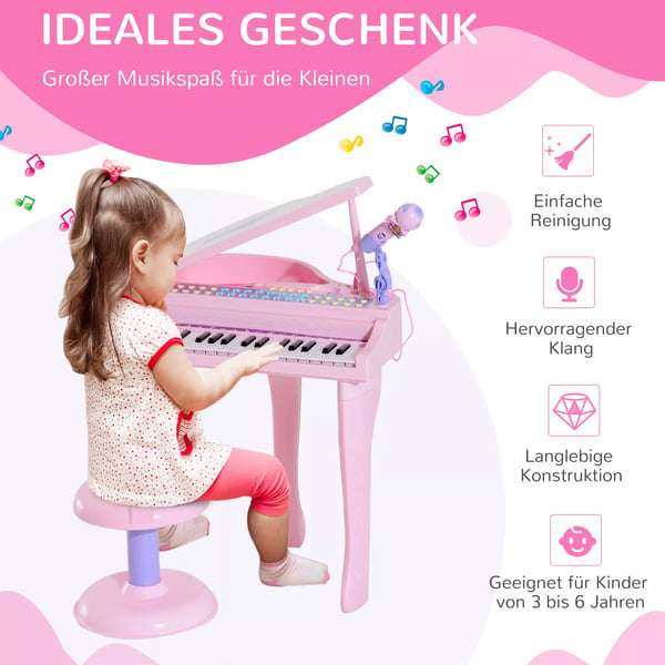 Lasten Mini Piano Vaaleanpunainen Jakkaralla ja Mikrofonilla - 37 Näppäintä, Musiikkiominaisuudet, LED Valot - Täydellinen Lahja 3-6-vuotiaille