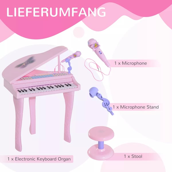 Lasten Mini Piano Vaaleanpunainen Jakkaralla ja Mikrofonilla - 37 Näppäintä, Musiikkiominaisuudet, LED Valot - Täydellinen Lahja 3-6-vuotiaille